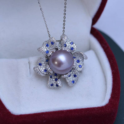 11-12mm Freshwater Pearl &  Full CZ Blue Gem Necklace - House Of Pearls